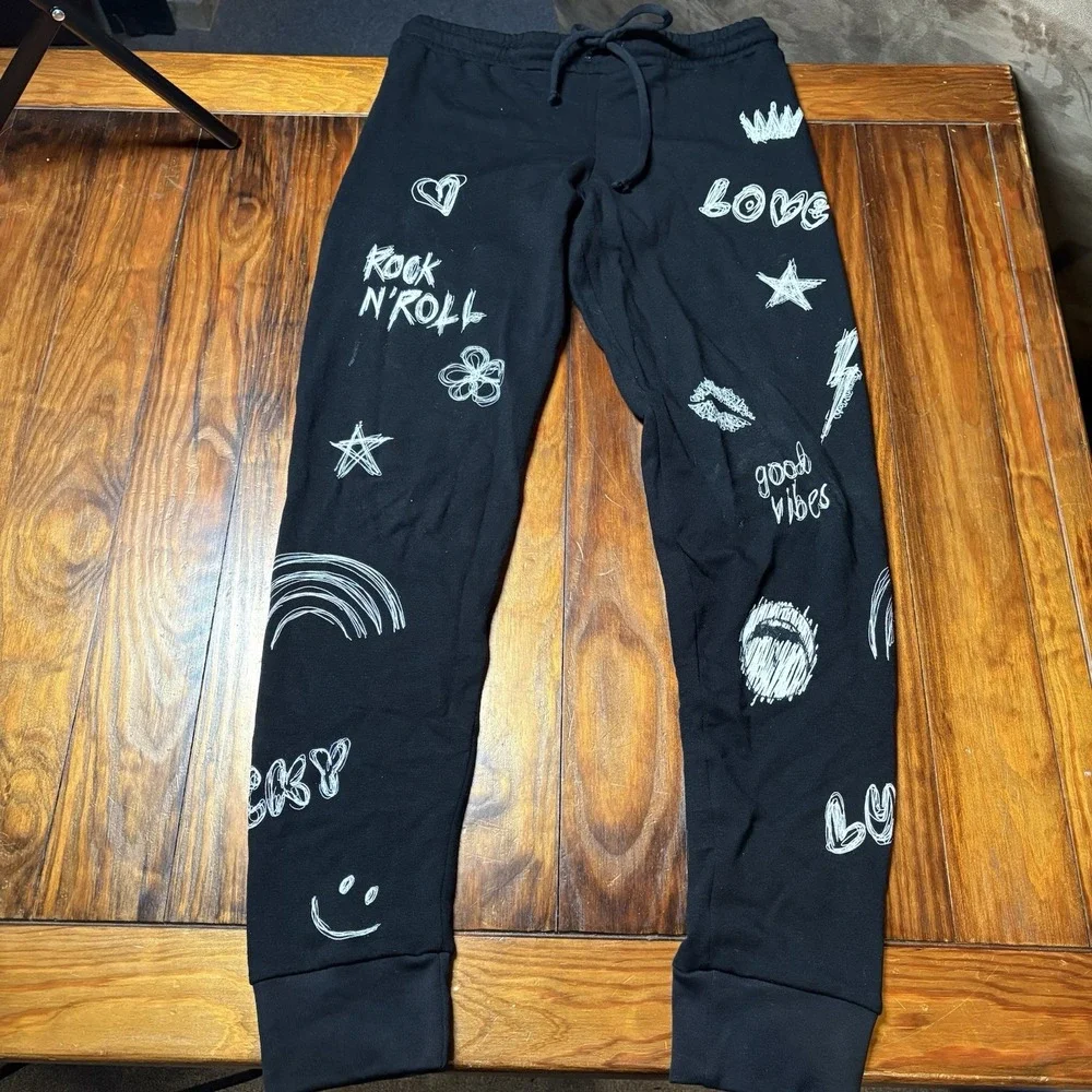 Lauren Moshi Tanzy Doodle Elements Sweatpants Love Rock N Roll Happy S A1187